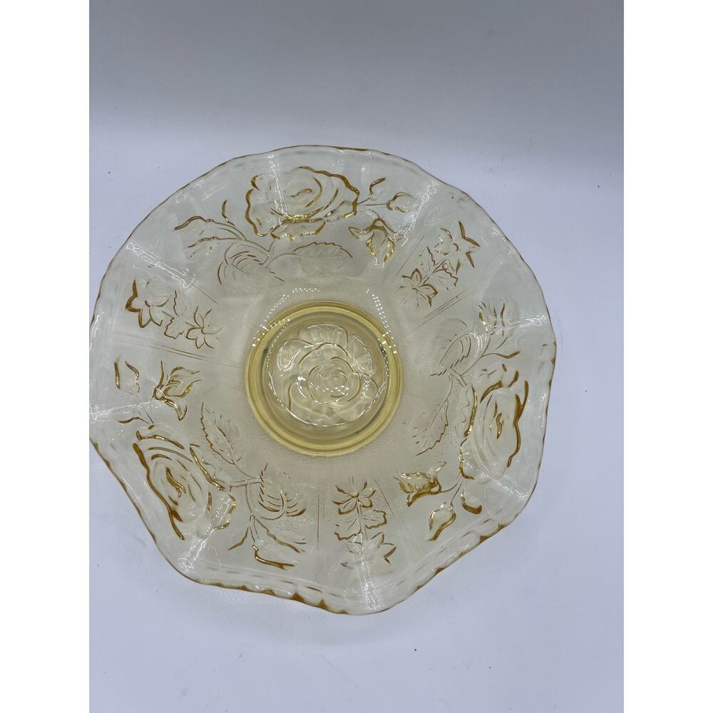 Vintage yellow rose embossed carnival glass has  'S' on bottom